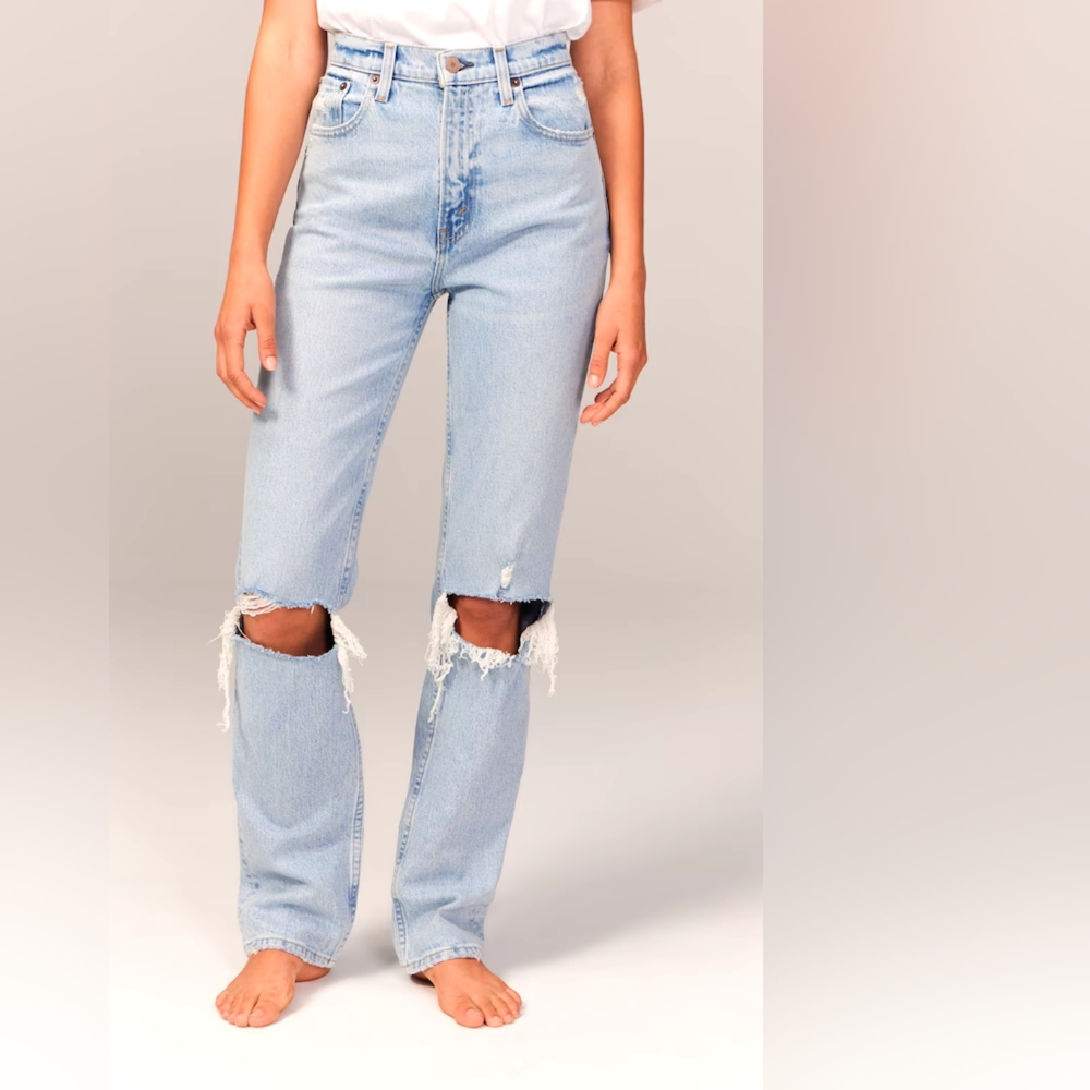 A&F Vintage Stretch Denim Ultra High Rise 90s Straight Color Light Destroy Sz 24